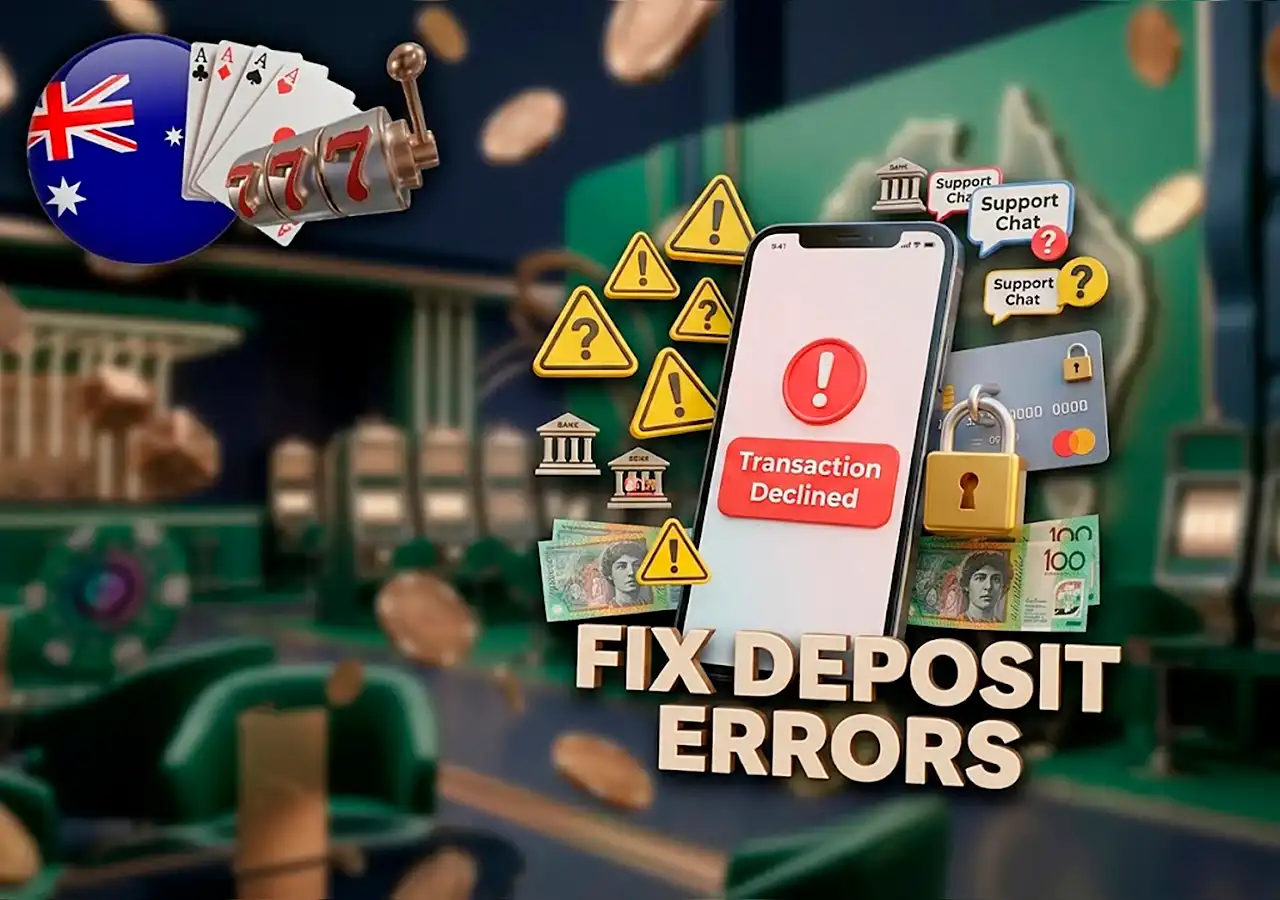 Banking payment decline warning icon with troubleshooting steps for gambling blocks